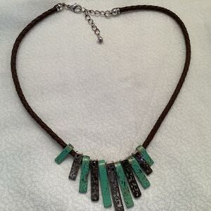 Adjustable Brown Braided Cord with Silver and Turquoise Metal Accents